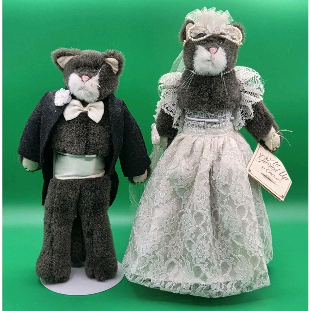 Enesco All Gussied Up Cat Bride & Groom Set 12" Plush Vintage 1997 Doll /w Stand